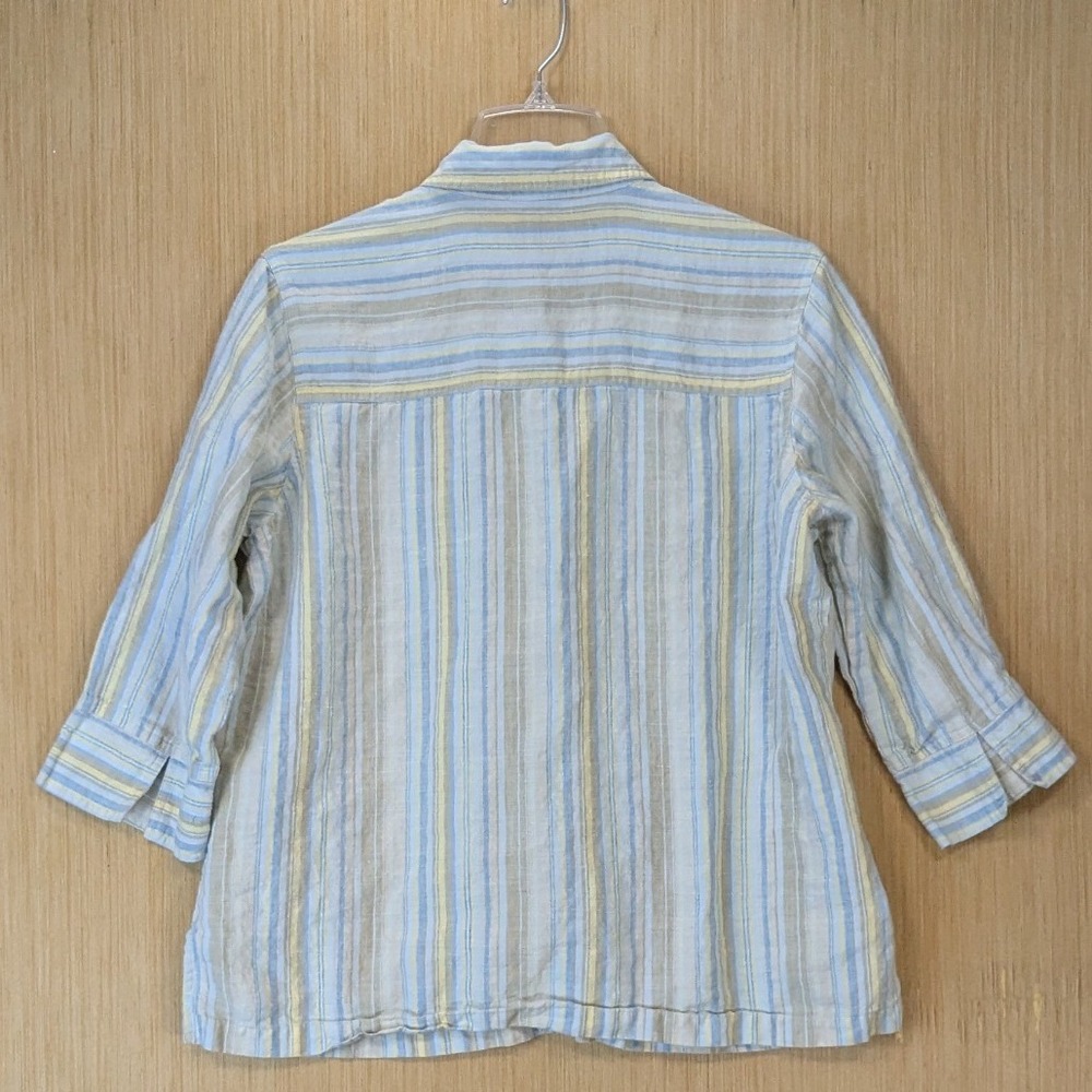 Saint Tropez West Womens 100% Linen Minimalist Striped Shirt Size L Blue Yellow - Picture 3 of 7
